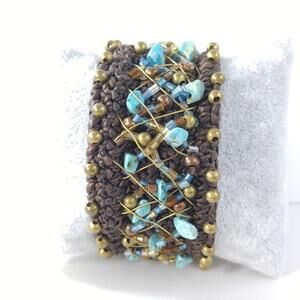 Wide Cuff Brown Bracelet Blue Gemstones & Seed Beads